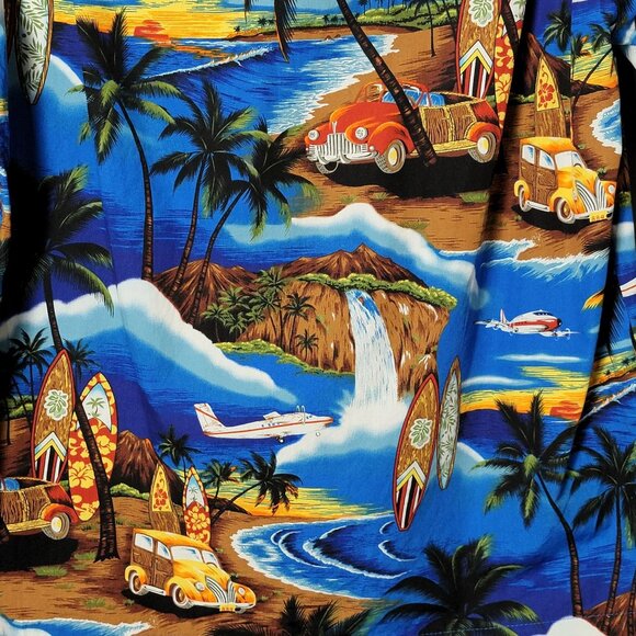 Royal Hawaiian Creations Mens Surfboard Palm Trees Cotton Button Up Shirt L - Picture 6 of 8